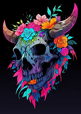 Floral Skull with Horns