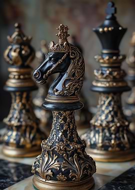 Ornate Black Knight Chess Piece