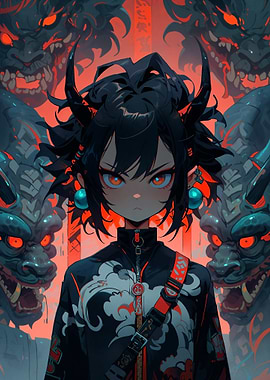Anime Girl with Demon Masks