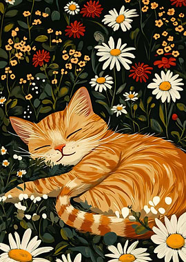 Orange Cat in Flower Field