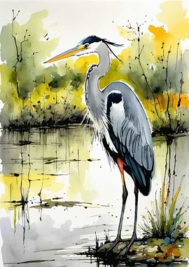 Watercolor Grey Heron
