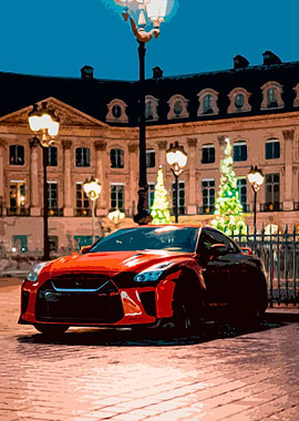 Drawing of a Nissan GTR parked in the streets of Paris