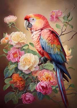 Scarlet Macaw with Roses