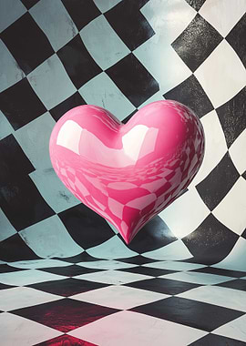 Pink Heart on Checkerboard