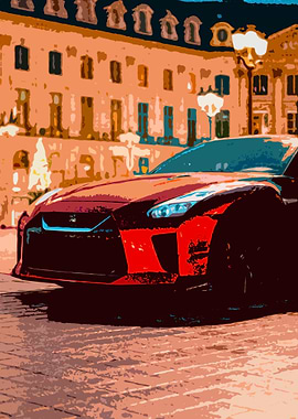 Drawing of a Nissan GTR parked in the streets of Paris