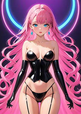 Anime Girl in Black Leather Corset