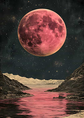 Pink Moon Over Serene Lake Landscape