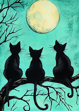Three Black Cats Under the Moon