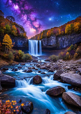 Waterfall Under Starry Sky