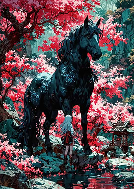 Black Horse and Girl in Cherry Blossoms