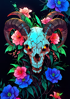 Floral Skull with Horns