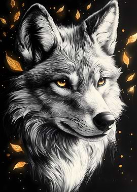 Wolf with Golden Leaves Animal