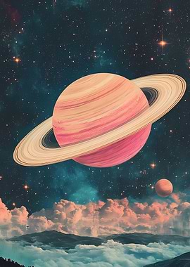Cosmic Journey Saturn in Space Digital Art Universe Surreal