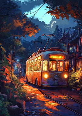 Night Tram in a Japanese Town