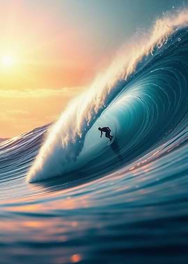 Surfer Riding Giant Barrel Wave