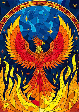Phoenix Rising from Flames Stained Glass