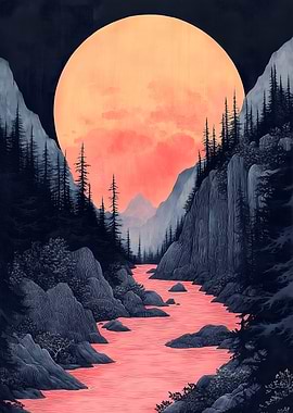 Pink River Under Giant Moon Japanese Landscape