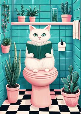 Cat Reading in Bathroom