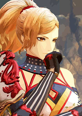 Female Anime Character in Red and Black Armor