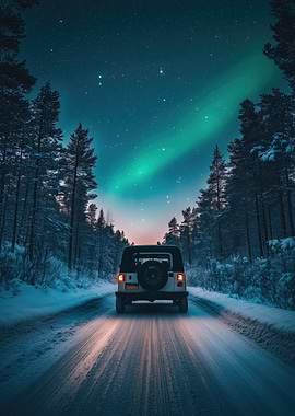 Night Drive Under Aurora Borealis