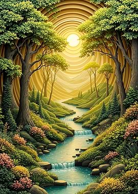 Layered Golden Forest Stream Art