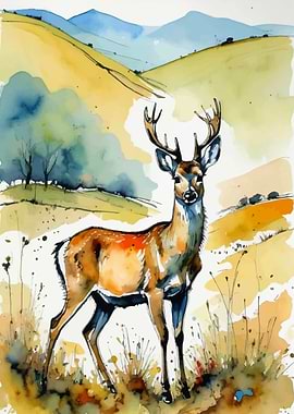 Watercolor Roe Deer in Landscape