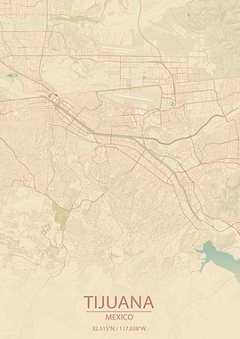 Tijuana Mexico Vintage Style City Map