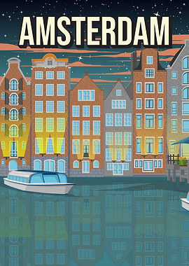 Amsterdam Canal Houses At Night Travel Art