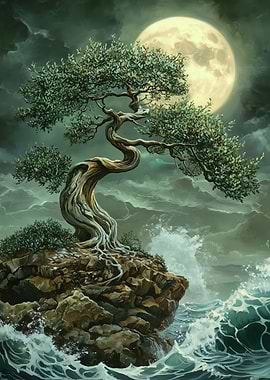 Bonsai Tree Under Moonlight