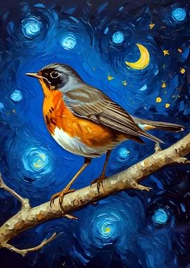 European Robin in Starry Night
