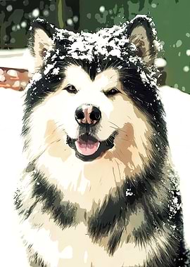 Smiling Alaskan Malamute in Snow