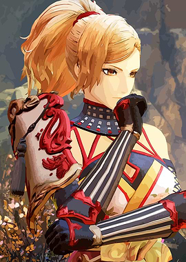 Female Anime Character in Red and Gold