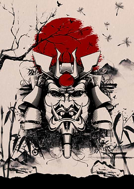 Samurai Mask with Red Sun