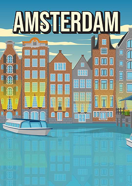 Amsterdam Canal Scene City Skyline Travel Art