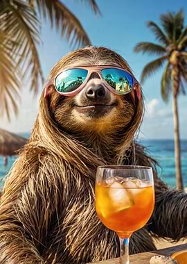 Cool sloth with sunglasses sitting relaxed at the beach bar with a cocktail, funny animal