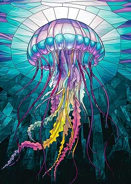'Vibrant Stained Glass Jellyfish in Ocean Depths