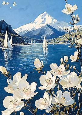 Mountain Lake with Sailboats Japanese Landscape