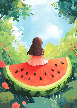A Girl Sitting on A Watermelon Slice