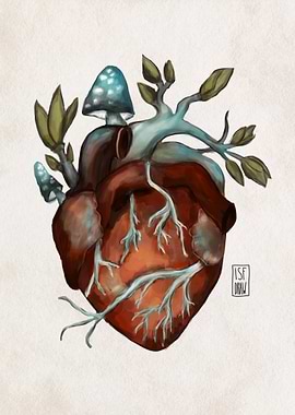 Anatomical Heart with Roots and Mushrooms