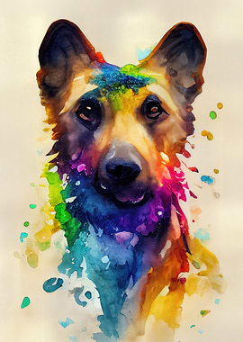 Colorful German Shepherd Watercolor