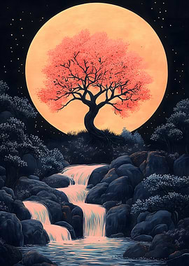 Moonlit Waterfall Japanese Landscape