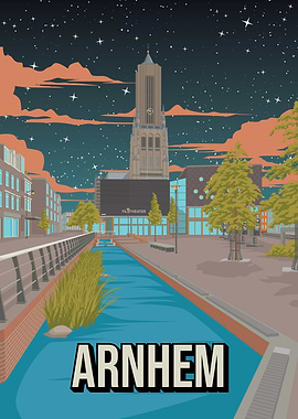Arnhem Dutch Night View City Travel Poster