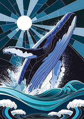 Whale Leaping from Waves Stained Glass