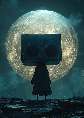 Box Head Figure Under Moon