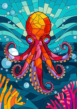 Radiant Stained Glass Octopus in Deep Blue Sea