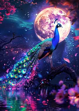 Peacock Under Full Moon