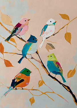 Colorful Birds on Branch
