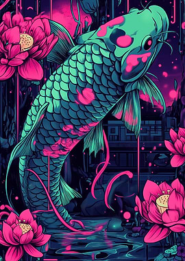 Koi Fish and Lotus Flowers