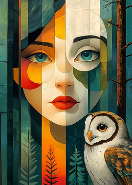 Woman and Owl in Forest