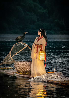 Woman with Lantern and Cormorant